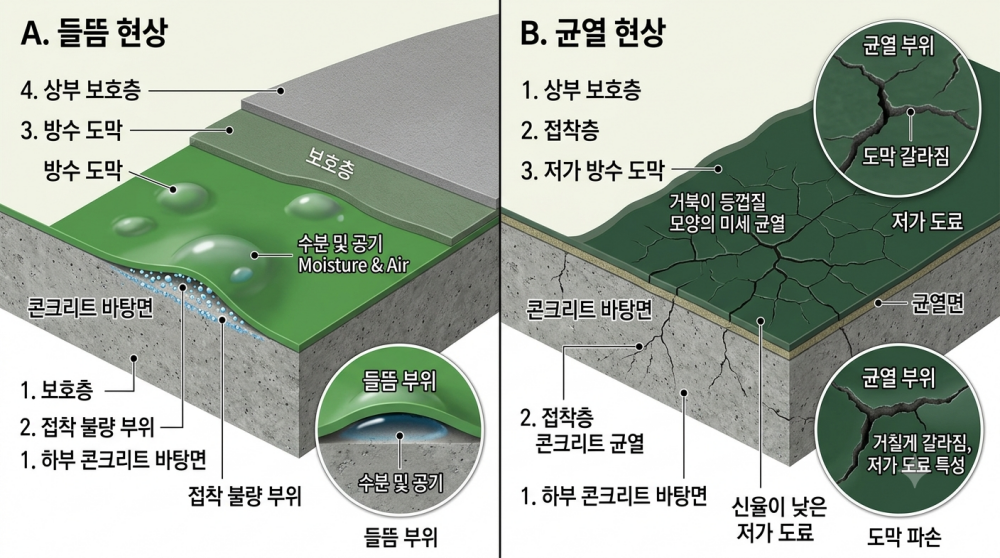 부실 시공으로 인한 방수층 파손 예시